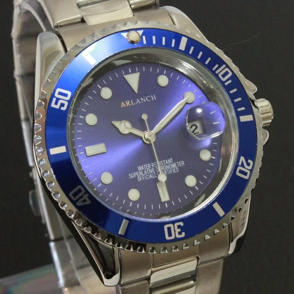 Men's Diver Style Watch Blue Uni-directional Bezel Stainless Bracelet 40mm